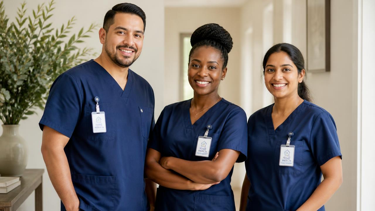 A diverse team of caregivers in navy scrubs smiling together outdoors